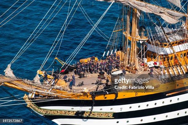 Aerial view of the foredeck with trainee officers on the Italian Navy's historic sailing ship Amerigo Vespucci sailing from the port of La Spezia....