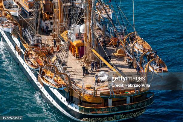 Aerial view of the stern deck with trainees on the Italian Navy's historic sailing ship Amerigo Vespucci sailing from the port of La Spezia. The ship...