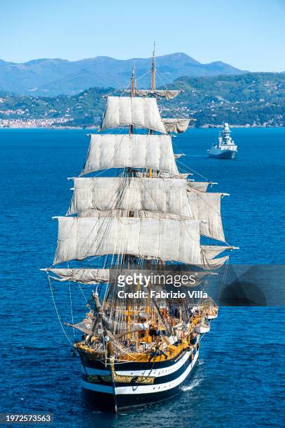 Aerial view of the Italian Navy's historic sailing ship Amerigo Vespucci sailing from the port of La Spezia. The ship is considered the most...