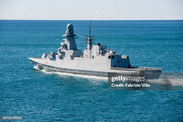 The Italian Navy's frigate Luigi Rizzo sailing in the sea off La Spezia on April 19, 2017 in La Spezia, Italy. The Nave Amerigo Vespucci, the Italian...