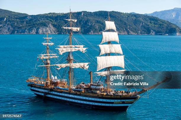 Aerial view of the Italian Navy's historic sailing ship Amerigo Vespucci sailing from the port of La Spezia. The ship is considered the most...