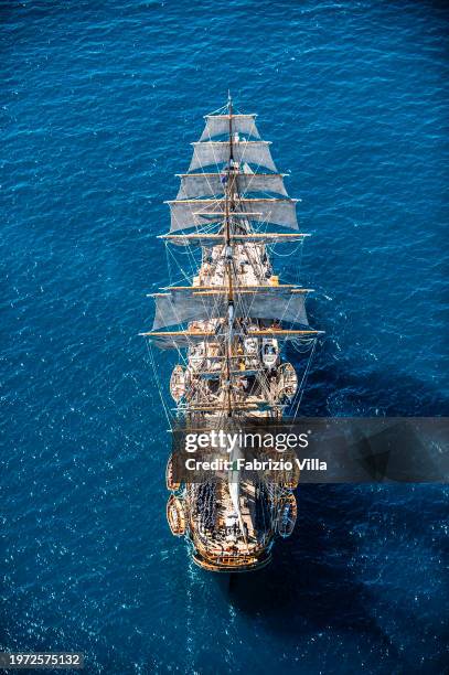 Aerial view of the Italian Navy's historic sailing ship Amerigo Vespucci sailing from the port of La Spezia. The ship is considered the most...