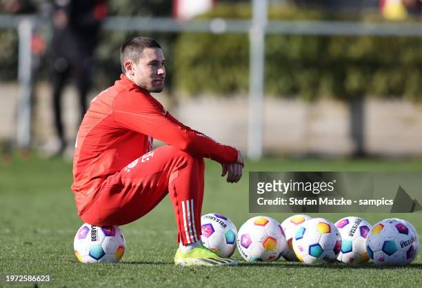 Raphael Guerreiro of Bayern Muenchen during the training session at Saebener Strasse training ground on January 30, 2024 in Munich, Germany.