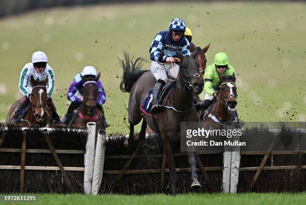 Borodale ridden by Dylan Johnston clears a flight on the way to winning the Tom Jones Live In July Conditional Jockeys' Novices' Handicap Hurdle Race...