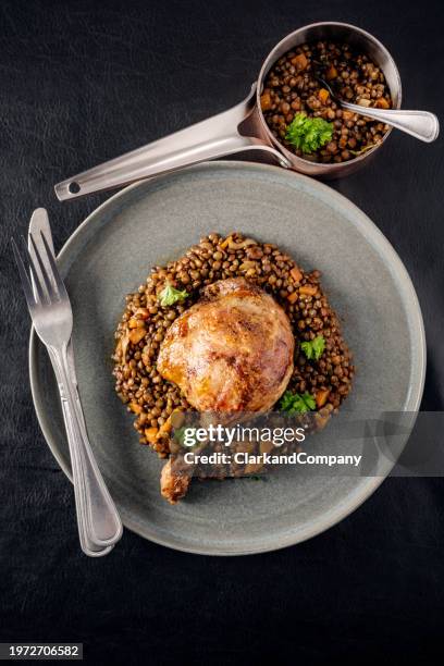 duck confit with puy lentils and spinach - duck confit stockfoto's en -beelden