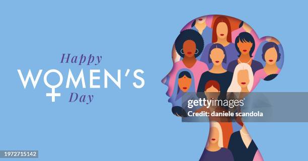 ilustrações, clipart, desenhos animados e ícones de feliz dia da mulher. cartão de corte de papel de cabeça de mulher. - international womens day