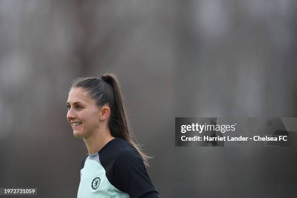 Eve Perisset of Chelsea reacts during a Chelsea FC Women Training Session at Chelsea Training Ground on January 29, 2024 in Cobham, England.