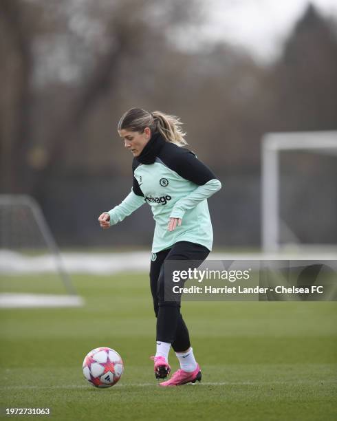 Maren Mjelde of Chelsea in action during a Chelsea FC Women Training Session at Chelsea Training Ground on January 29, 2024 in Cobham, England.