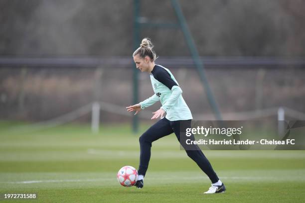 Nathalie Bjorn of Chelsea in action during a Chelsea FC Women Training Session at Chelsea Training Ground on January 29, 2024 in Cobham, England.