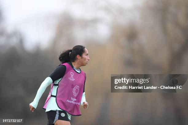 Mayra Ramirez of Chelsea in action during a Chelsea FC Women Training Session at Chelsea Training Ground on January 29, 2024 in Cobham, England.