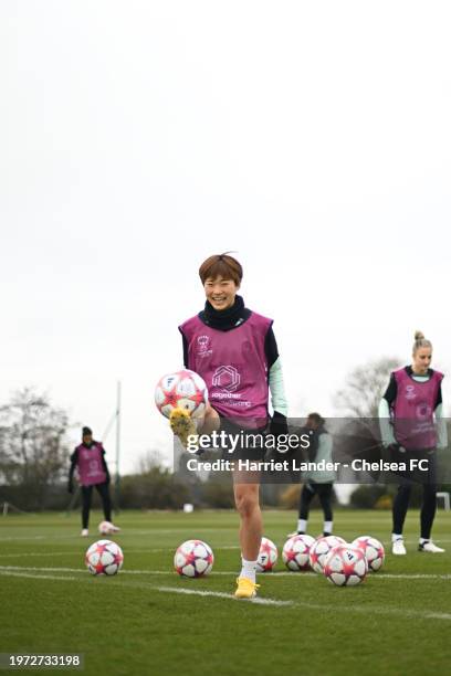 Maika Hamano of Chelsea in action during a Chelsea FC Women Training Session at Chelsea Training Ground on January 29, 2024 in Cobham, England.