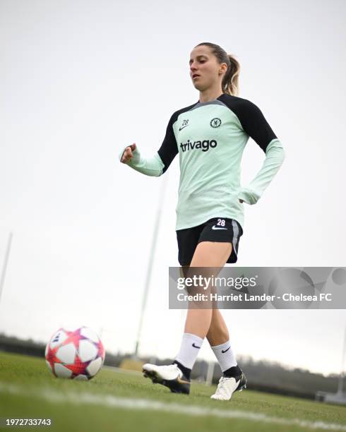 Jelena Cankovic of Chelsea in action during a Chelsea FC Women Training Session at Chelsea Training Ground on January 29, 2024 in Cobham, England.