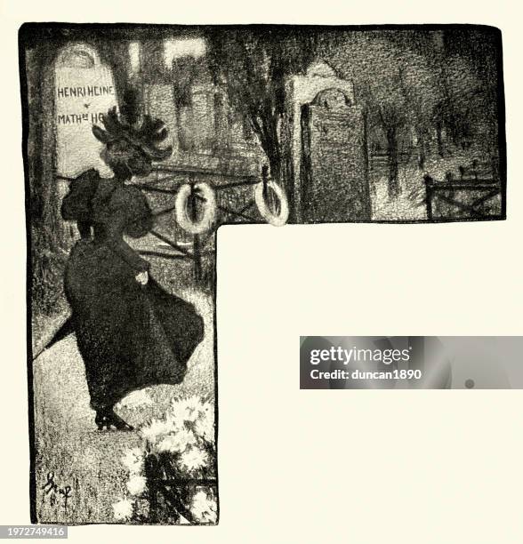 woman visiting a cemetery, german, jugendstil, art nouveau, 1890s, 19th century - widow stock illustrations