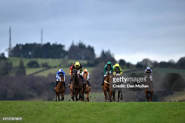 Runners make their way down the home straight in The Cuffe and Taylor Handicap Hurdle Ra at Chepstow Racecourse on January 30, 2024 in Chepstow,...