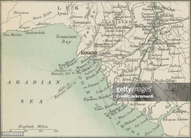 old engraved map of karachi, the capital city of the pakistani province of sindh, largest city in pakistan and the 12th largest in the world, with a population of over 20 million - karachi map stock pictures, royalty-free photos & images