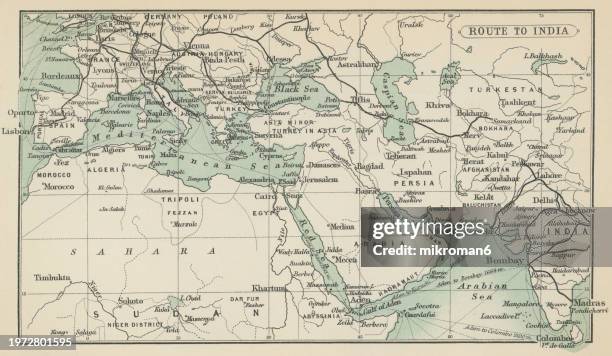old chromolithograph map of route to india - south asia stock pictures, royalty-free photos & images