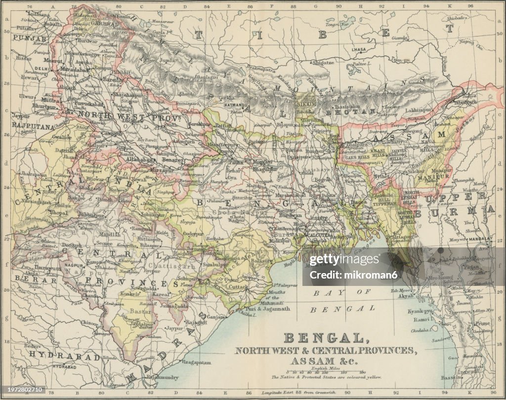 Old chromolithograph map of India - Bengal, North West and Central Provinces, Assam