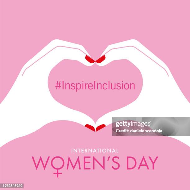 women's day card. female hands shaping a heart symbol on pink background. - womens day stock-grafiken, -clipart, -cartoons und -symbole