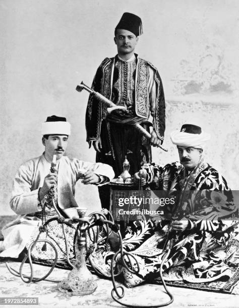portrait of common people from 1894: monahan levi, isaac cohn and h hondon, turkish jews - hookah stock illustrations