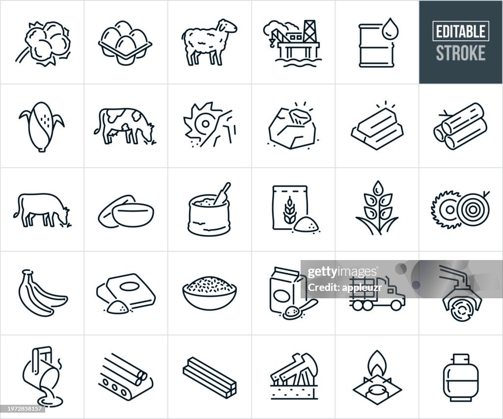 Commodities And Raw Materials Thin Line Icons - Editable Stroke