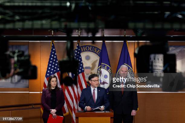 Speaker of the House Mike Johnson , Majority Whip Tom Emmer and Republican Conference Chair Elise Stefanik hold a news conference following a caucus...
