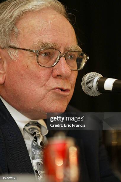 Berkshire Hathaway's CEO Warren Buffett answers questions at a news conference May 4, 2003 in Omaha, Nebraska. Buffett attended the Berkshire...