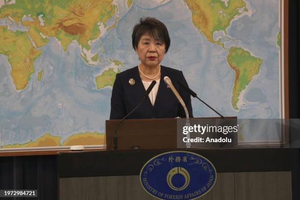 Japanese Foreign Minister Kamikawa Yoko speaks during the press conference in Tokyo, Japan on February 02, 2024. Japanese FM emphasized that the...