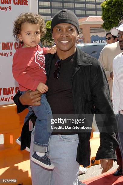 Former Boxer Sugar Ray Leonard and son Daniel arrive at the premiere of the feature film "Daddy Day Care" on May 4, 2003 in Los Angeles, California.