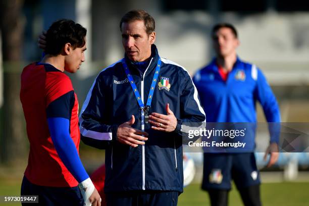 Ange Capuozzo and Gonzalo Quesada Italy head coach during the Italy training session at Centro Sportivo Giulio Onesti on January 30, 2024 in Rome,...