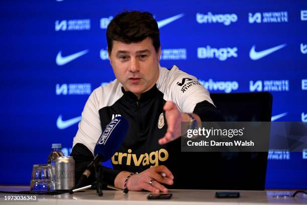 Head Coach Mauricio Pochettino of Chelsea speaks during a press conference at Chelsea Training Ground on February 2, 2024 in Cobham, England.