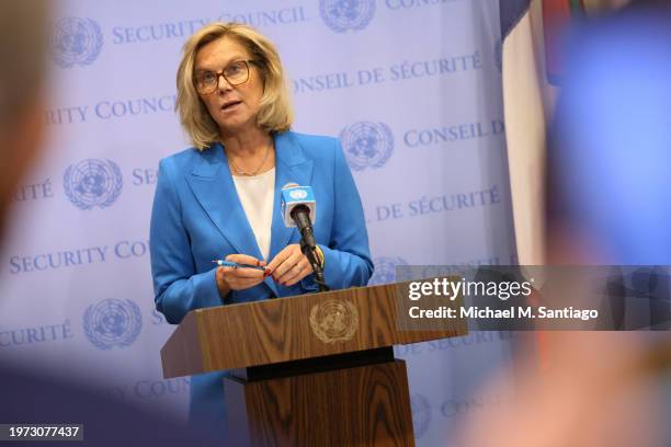 Senior Humanitarian and Reconstruction Coordinator for Gaza Sigrid Kaag speaks during a press conference at the United Nations headquarters on...