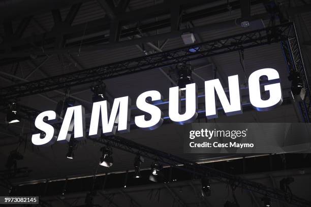 Logo sits illuminated outside the Samsung booth at ISE 2024 on January 30, 2024 in Barcelona, Spain. This year the 20th edition of Integrated Systems...