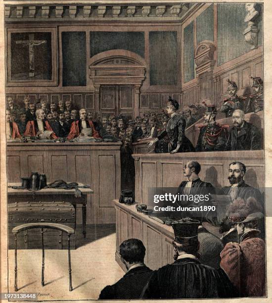 witness giving evidence in a french court, during the gouffé case, 1890s, 19th century - lawsuit stock illustrations