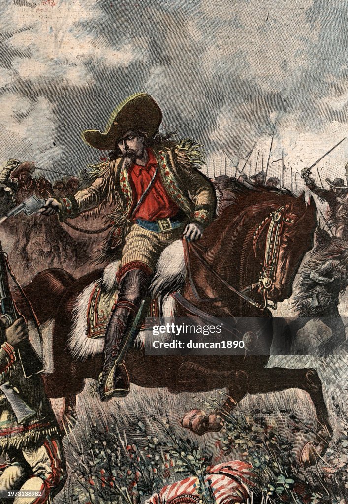 William Frederick Cody, bekannt als Buffalo Bill, reitet auf einem Pferd und schießt mit einer Pistole, Amerikanischer Wilder Westen 19. Jahrhundert