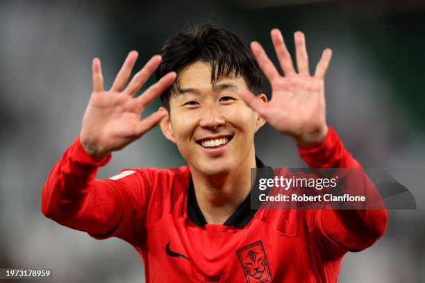 Son Heung-Min of South Korea celebrates victory after the penalty shootout during the AFC Asian Cup Round of 16 match between Saudi Arabia and South...