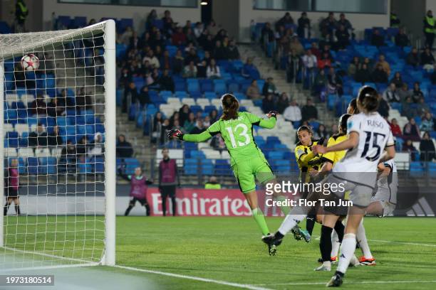 Rusul Kafaji of BK Hacken scores the team's first goal during the UEFA Women's Champions League group stage match between Real Madrid CF and BK...