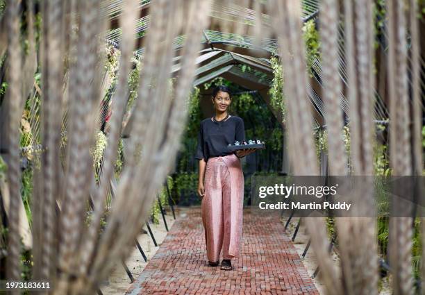 portrait of female spa therapist walking along ornate corridor leading to resort spa, holding a tray of natural oils - hotel occupation stock pictures, royalty-free photos & images