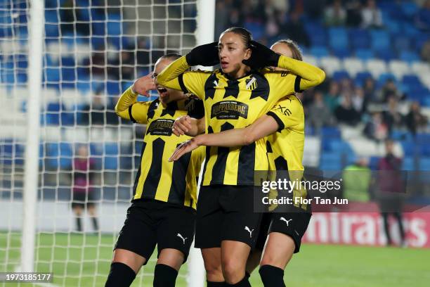 Rusul Kafaji of BK Hacken celebrates with teammates after scoring the team's first goal during the UEFA Women's Champions League group stage match...