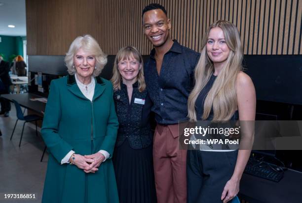 Queen Camilla, President of the Royal Voluntary Service with dancer Johannes Radebe, a star on Strictly Come Dancing, dancer Tasha Ghouri who stars...