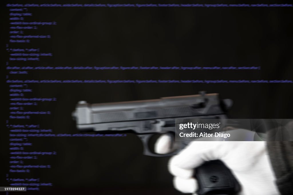 AI CHATBOT technology. A person wields a pistol. virtual text in the background
