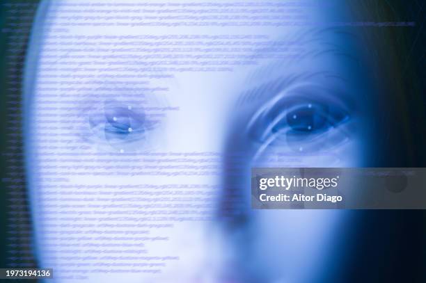 ai chatbot technology. human robot face with a text. - robot writing stock pictures, royalty-free photos & images