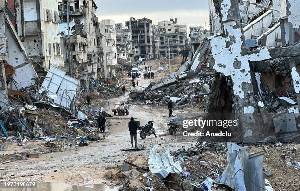 View of destruction with destroyed buildings and roads after Israeli Forces withdrawn from the areas in Khan Yunis, Gaza on February 02, 2024....