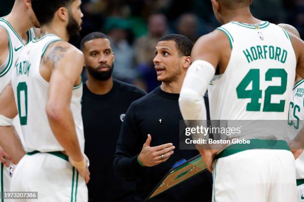 Boston, MA Boston Celtics head coach Joe Mazzulla talks to his team during a fourth quarter timeout. The Celtics lost to the Los Angeles Lakers,...