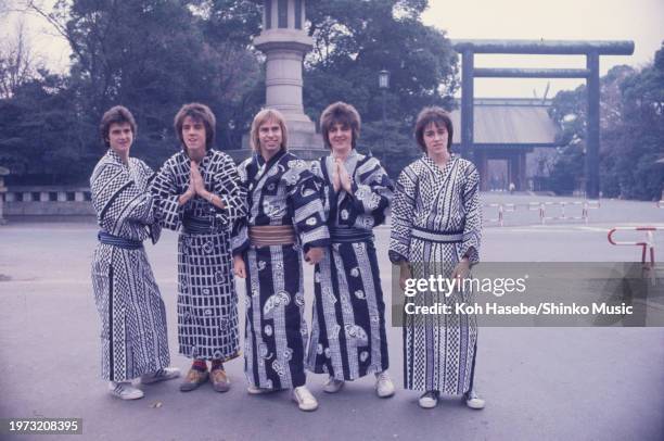 Photo of Scotish band Bay City Rollers, Japan, late 1970s. Leslie McKeown, Stuart 'Woody' Wood, Derek Longmuir, Eric Faulkner, Pat McGlynn.