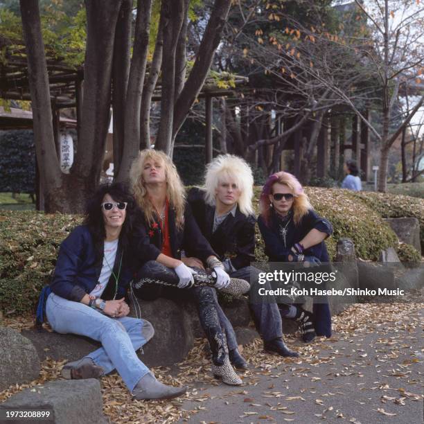 American band Poison at a Temple in Tokyo, 20th November 1985. Bobby Dall, Bret Michaels, C.C.DeVille, Rikki Rockett.