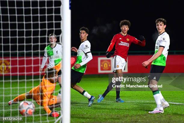 Ethan Wheatley of Manchester United U18s s during the U18 Premier League match between Manchester United U18s and Liverpool U18s at Carrington...