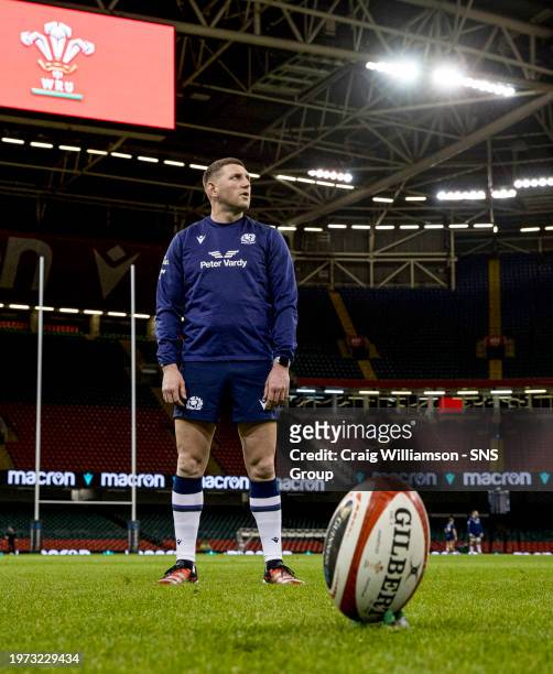 Finn Russell during the Scotland MD-1 Captains Run training session at the Principality Stadium, on February 02 in Cardiff, Scotland.