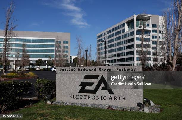 Sign is posted in front of the Electronic Arts headquarters on January 30, 2024 in Redwood City, California. Video game maker Electronic Arts will...