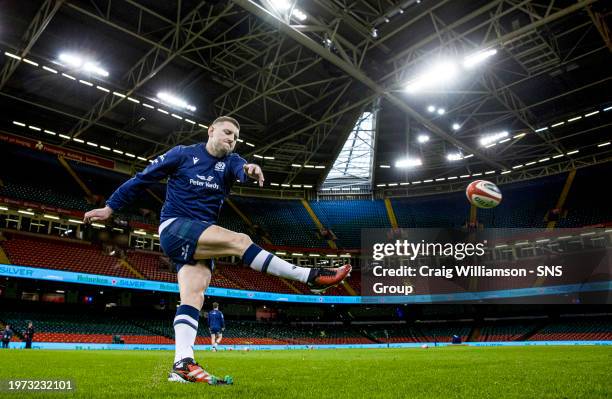 Finn Russell during the Scotland MD-1 Captains Run training session at the Principality Stadium, on February 02 in Cardiff, Scotland.