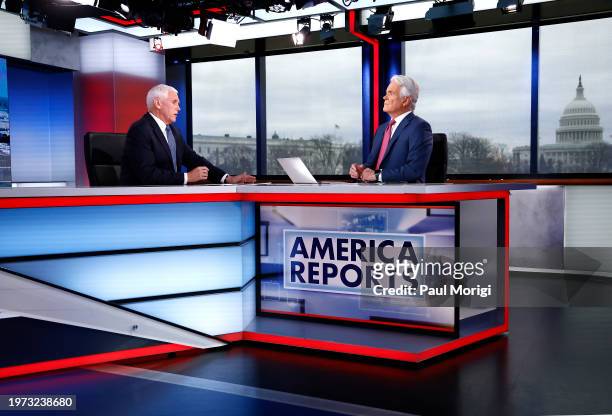 Former Vice President Mike Pence visits FOX News Channel’s "America Reports" with John Roberts at the FOX News D.C. Bureau on January 30, 2024 in...